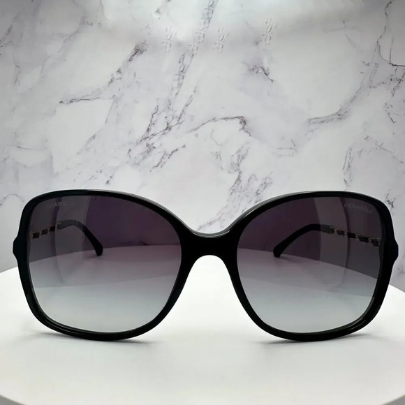 CHANEL Sunglasses Black Gold Chain Arms Interlocking CC Logo Acetate Square New - Picture 3 of 16